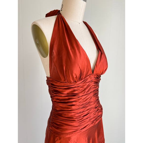 Vintage Y2K Cache Silk Ruched Dress 4 Burnt Orange Rust Asymmetric Fairy Halter - Picture 5 of 16